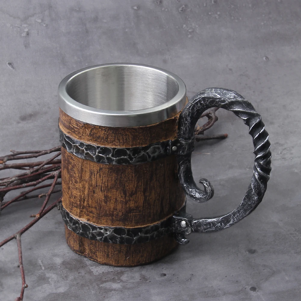 Viking Wood Style Beer Mug Simulation Wooden Barrel Beer Cup Double Wall Drinking Mug Metal Insulated 1PCS Bar Drinking кружка