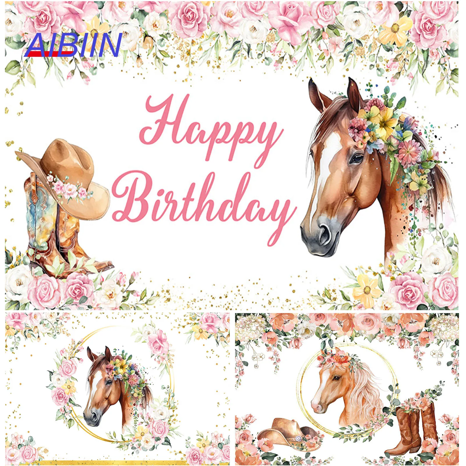 Western Cowgirl Birthday Backdrop Horse Boot Hat Blush Flower Photography Background Girl Portrait Baby Shower Party Decor