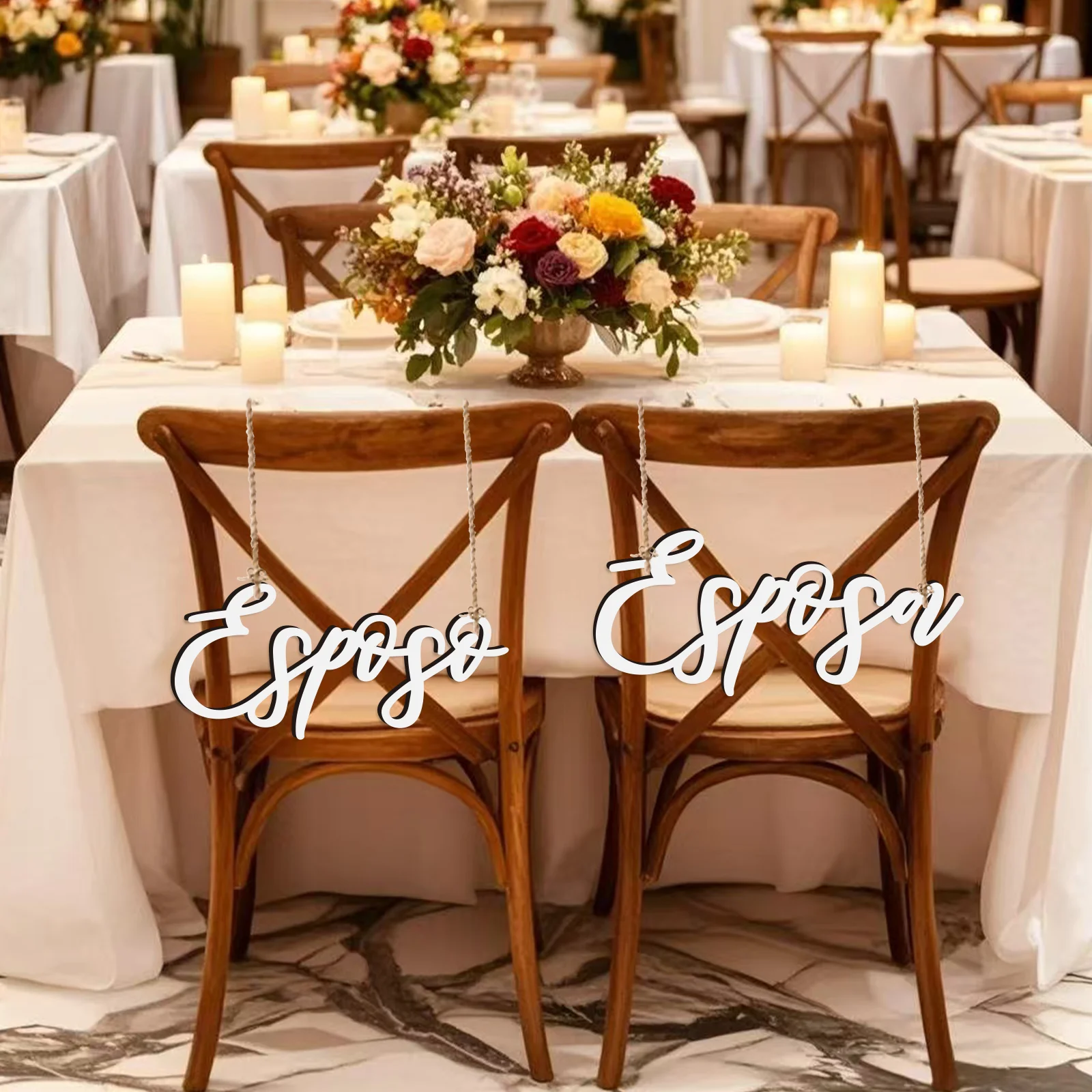 مجموعة لافتات كراسي الزفاف الإسبانية - Esposa & Esposo خشبية بيضاء 0.4 سم، 28.8 × 13.5 سم و 31.7 × 14.3 سم، قطع ليزر