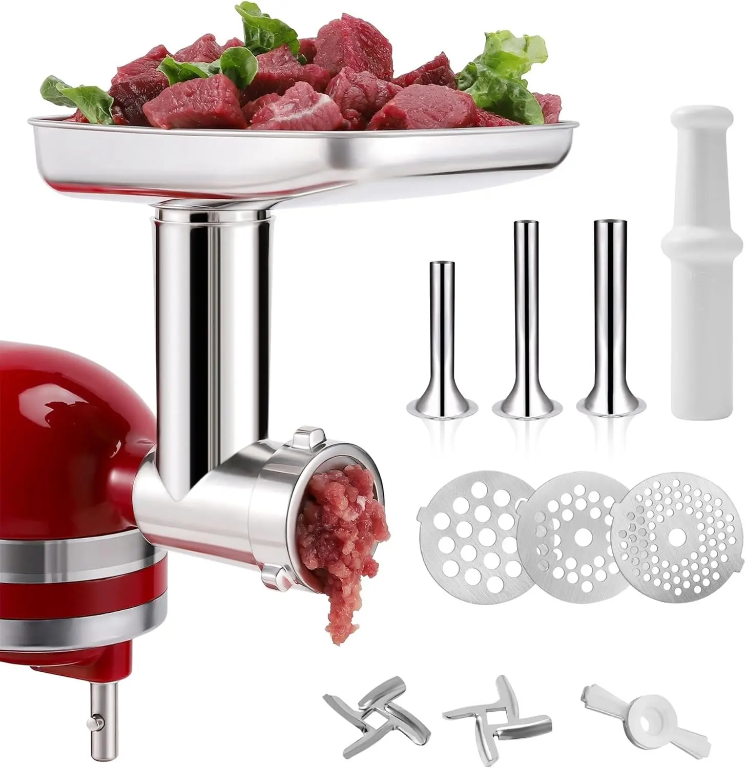 

Stainless Steel Food Grinder Attachment for Stand Mixers, Includes 3 Sausage Tubes, Dishwasher Safe