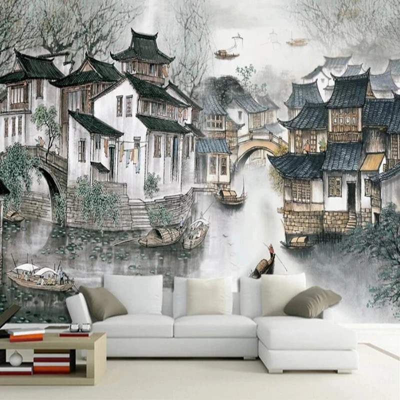 Customized Photo Wallpaper 3D Jiangnan Water Village Chinese Art Mural Hotel Study Living room TV background bedroom restaurant