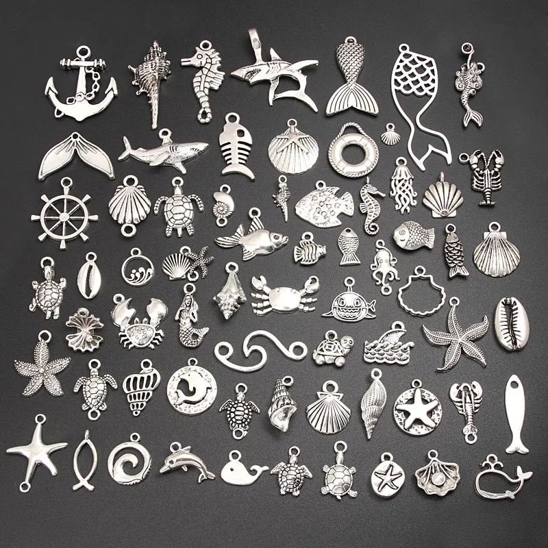 30pcs Random Mix Silver Color Nautical Wave Symbol Shell Starfish Charms Marine Animal Pendant Jewelry Making Ornaments Jewelry