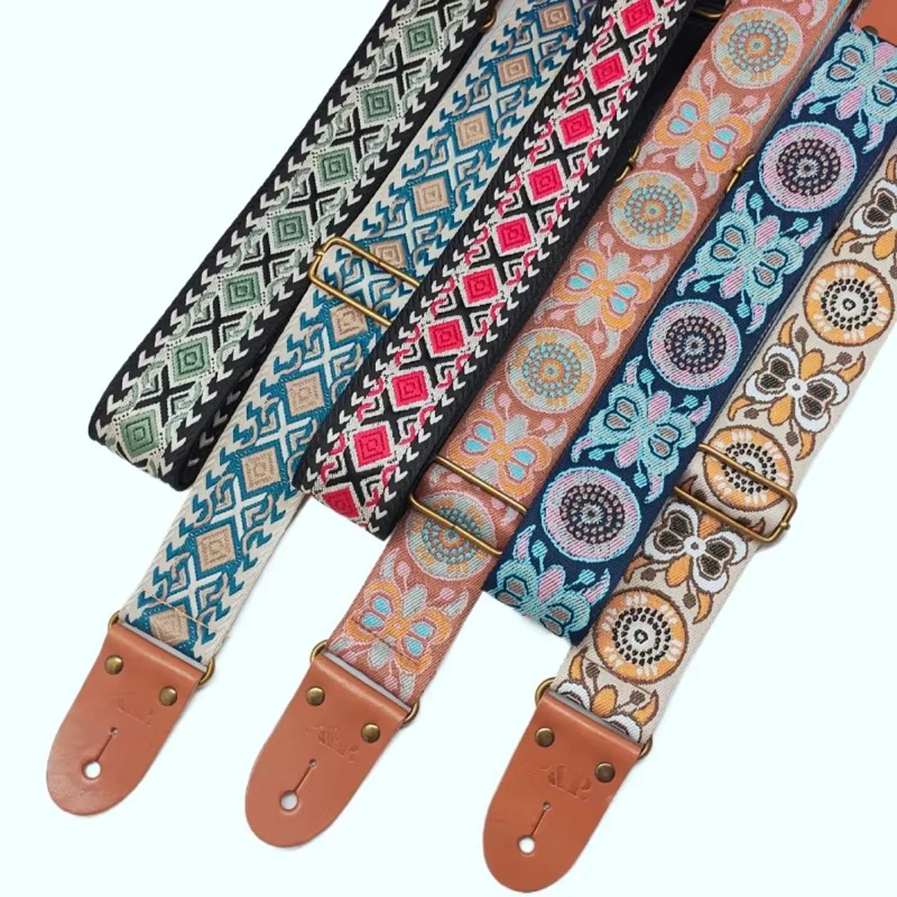 Embroidered Guitar Strap Genuine Leather Head Jacquard Weave Wooden Electric Guitar Bass Strap Accessories
