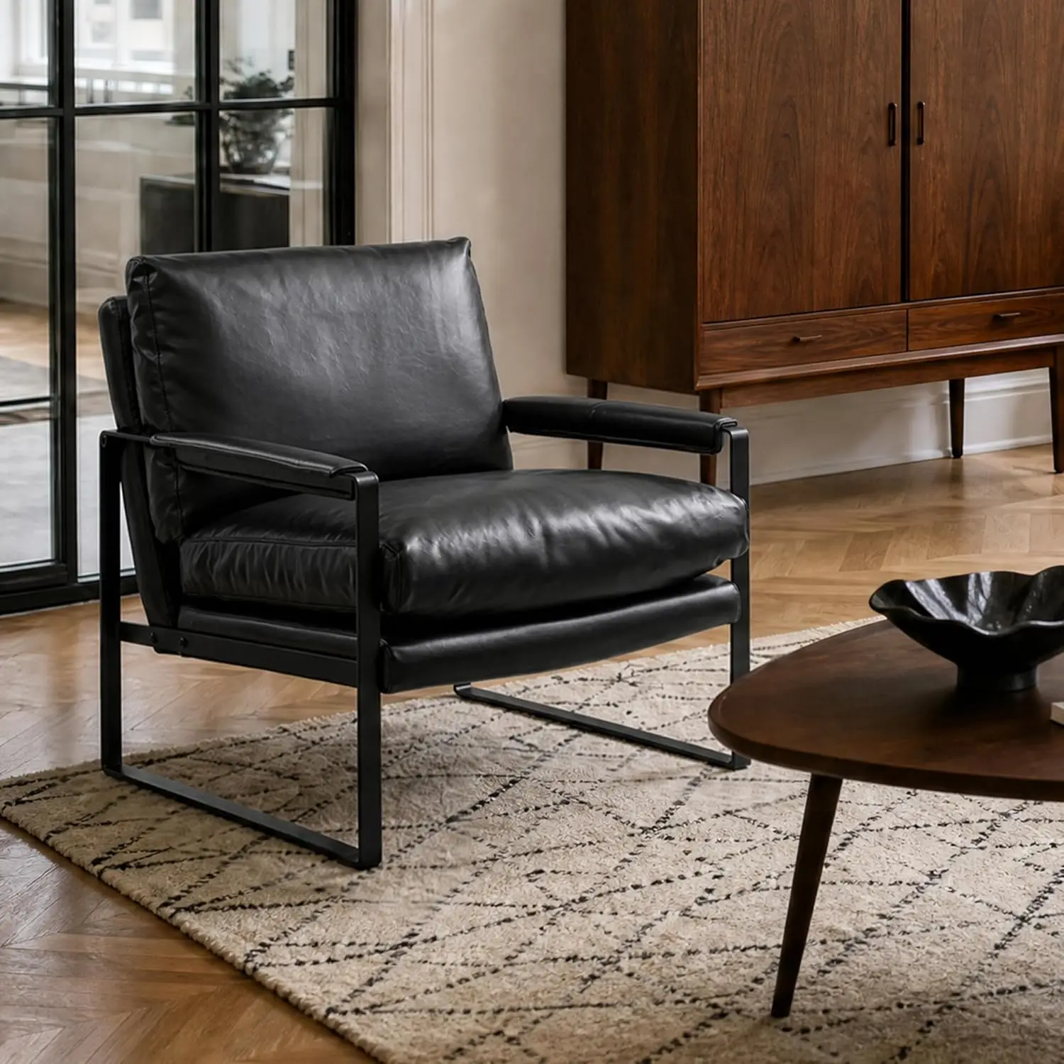 Mid Century Modern Accent Armchair Padded Lounge Black PU High-Density Foam Ergonomic Tilt Sturdy Frame Easy Assembly Living Roo