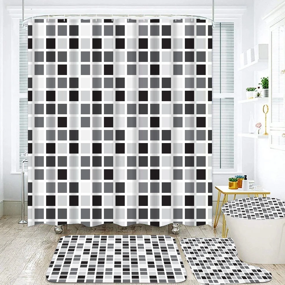 3D Print Modern Mosaic Pattern Waterproof Polyester Shower Curtain Set Anti-slip Soft Bath Mat Toilet Cover Bathroom Set Decor