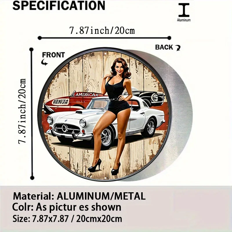 【2D Flat】1pc Vintage Round Aluminum Sign - Retro Car and Stylish Black Lady, Perfect for Home, Garage, Diner, or Café Decor