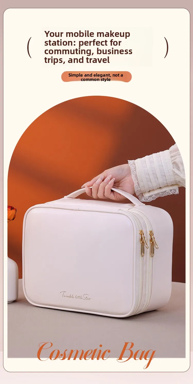 Doppelschichtige Handtasche aus PU-Leder für Make-up, Große Kapazität Reise-Kosmetikorganizer, Toilettentasche für Schönheitsprodukte, Damen – Detail 2