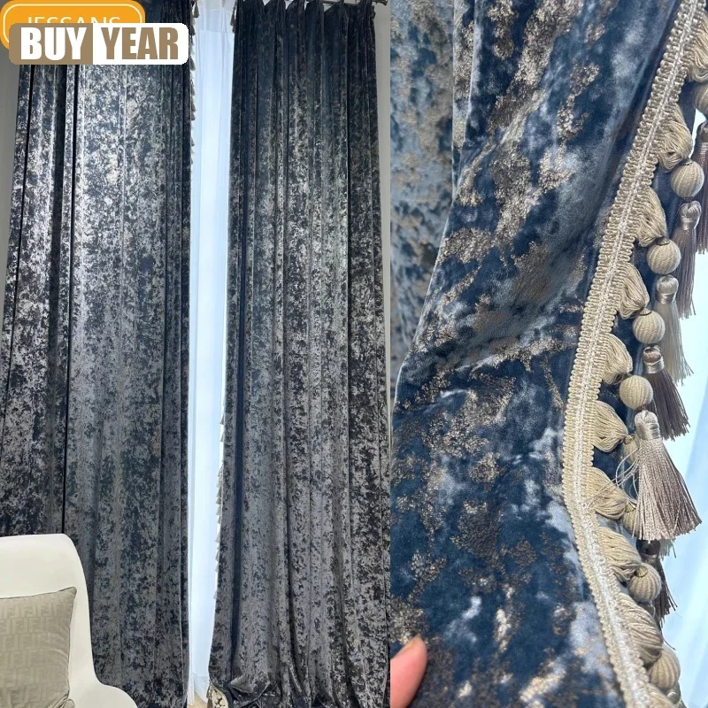 

Blue Gilded Velvet Lace Thickened Blackout Sound Insulation Curtains For Living Room Bedroom French Window Villa Customization