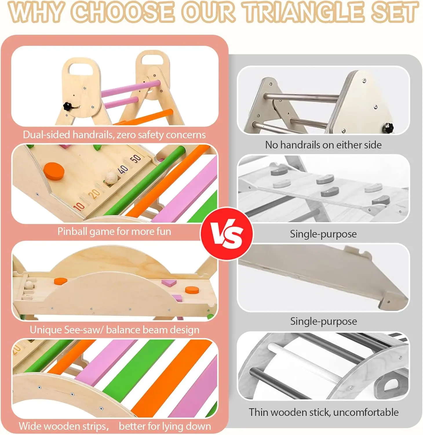 مجموعة مثلث خشبية 9 في 1 للأطفال الصغار ألعاب تسلق كبيرة مجموعة تسلق مع قوس ومثلث ولعبة الكرة والدبابيس والمتأرجحة #6