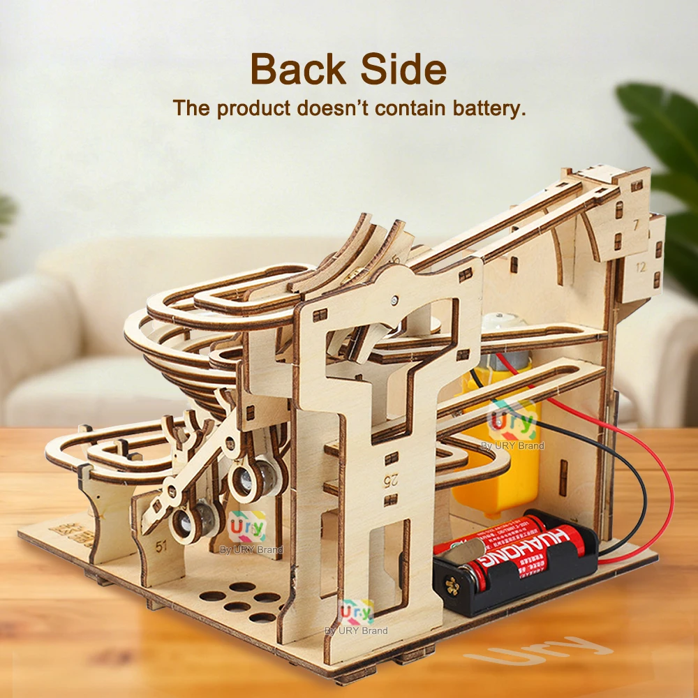 Ury 3D Wooden Puzzles Electric Staircase Track Device Marble Run Set Mechanical Model Science Maze 6 Balls Assembly Gift for Kid