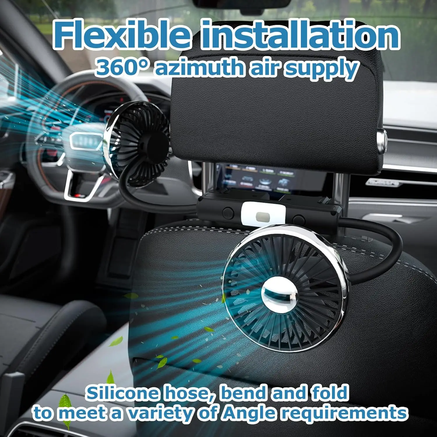 Dual-Head USB Car Fan For Backseat, 360° Rotatable Quiet Cooling With LED Light, 3 Speeds USB-Powered Headrest Accessory For Kid