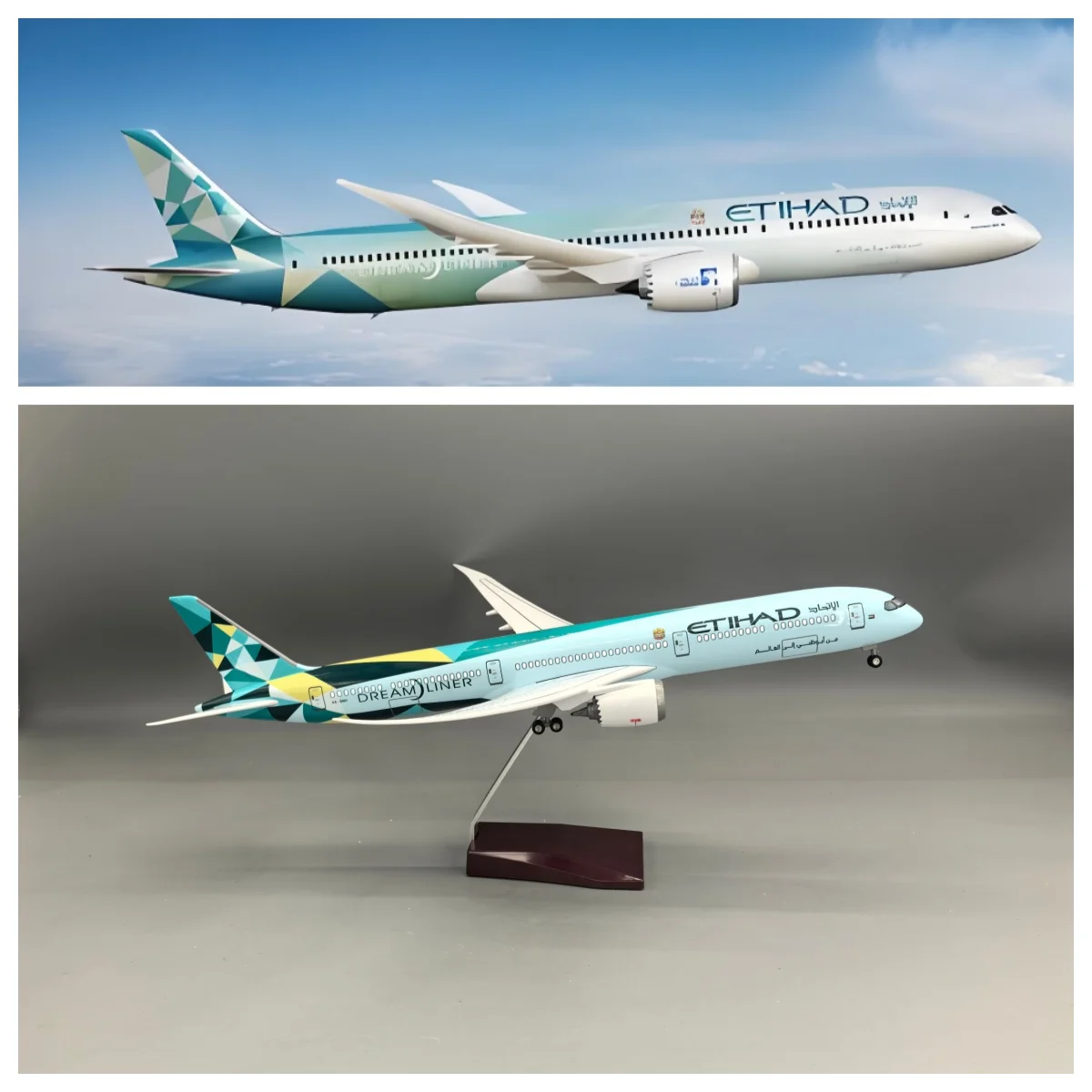 

1/145 Scale Aircraft 43cm Etihad Aircraft Model B787-10 Miniature Airplane Children Toys With Wheels Voice-Control Lights Gift
