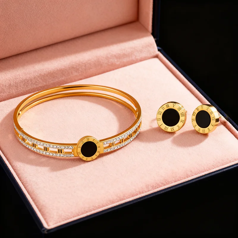 مجموعة مجوهرات نسائية بأرقام رومانية - سوار وأقراط من العقيق الأسود، مجوهرات فاخرة ذات لون ذهبي للحفلات والهدايا