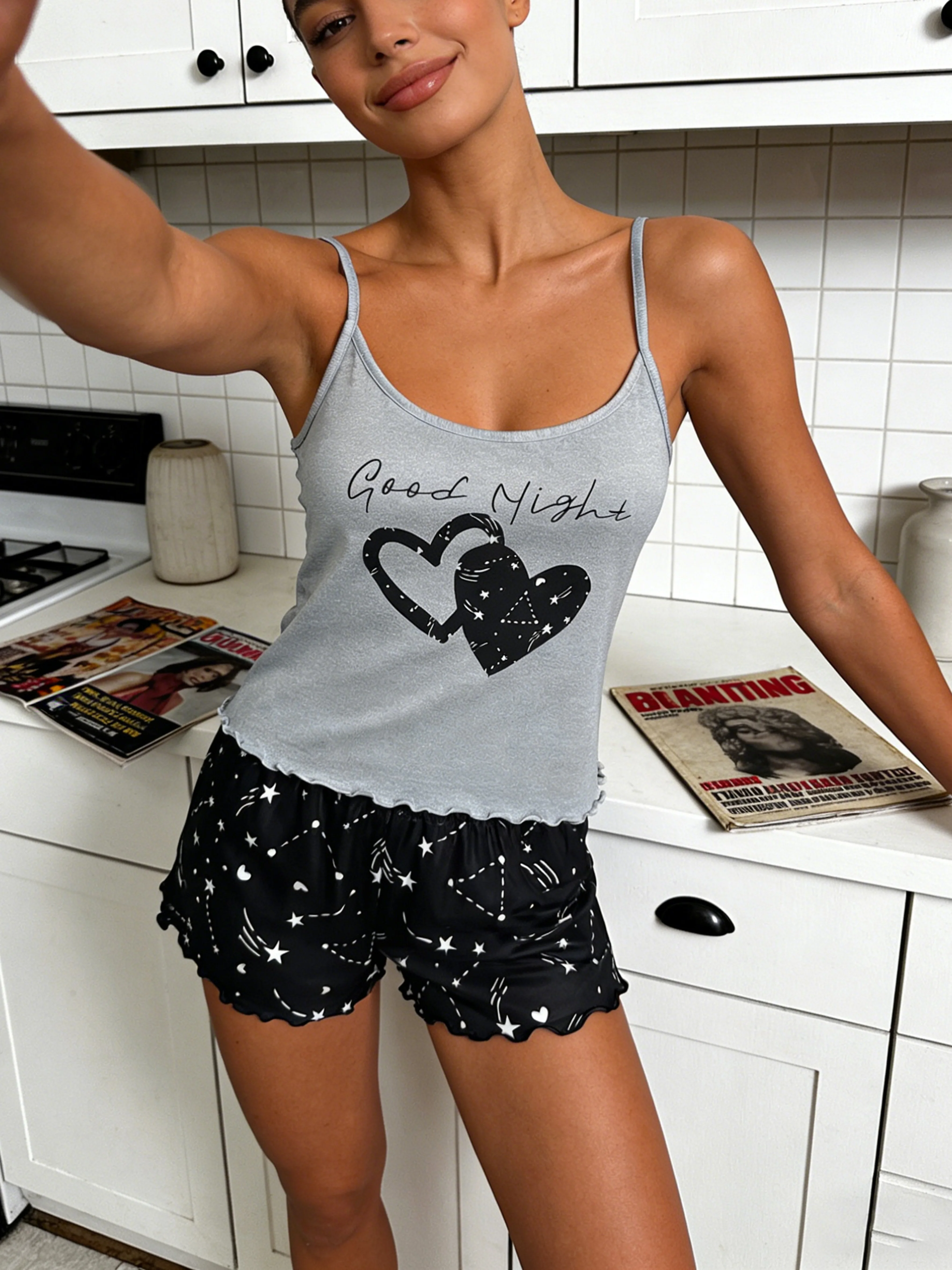 Women Pajamas Round Neck Spaghetti Strap Sleeveless Tank Top Ruffle Hem Shorts 2 Piece Set Spring Summer Fall Cute Star Heart P
