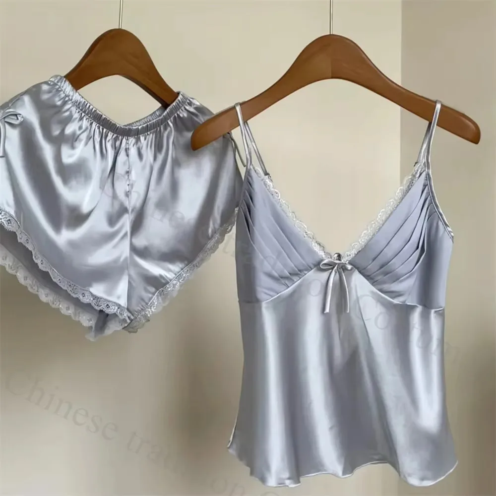 2024 Summer New Cami Top&Shorts Sexy Lace Trim Pamas Nightwear Lady's Gerie Attractive Pijamas Backless Home Clothes