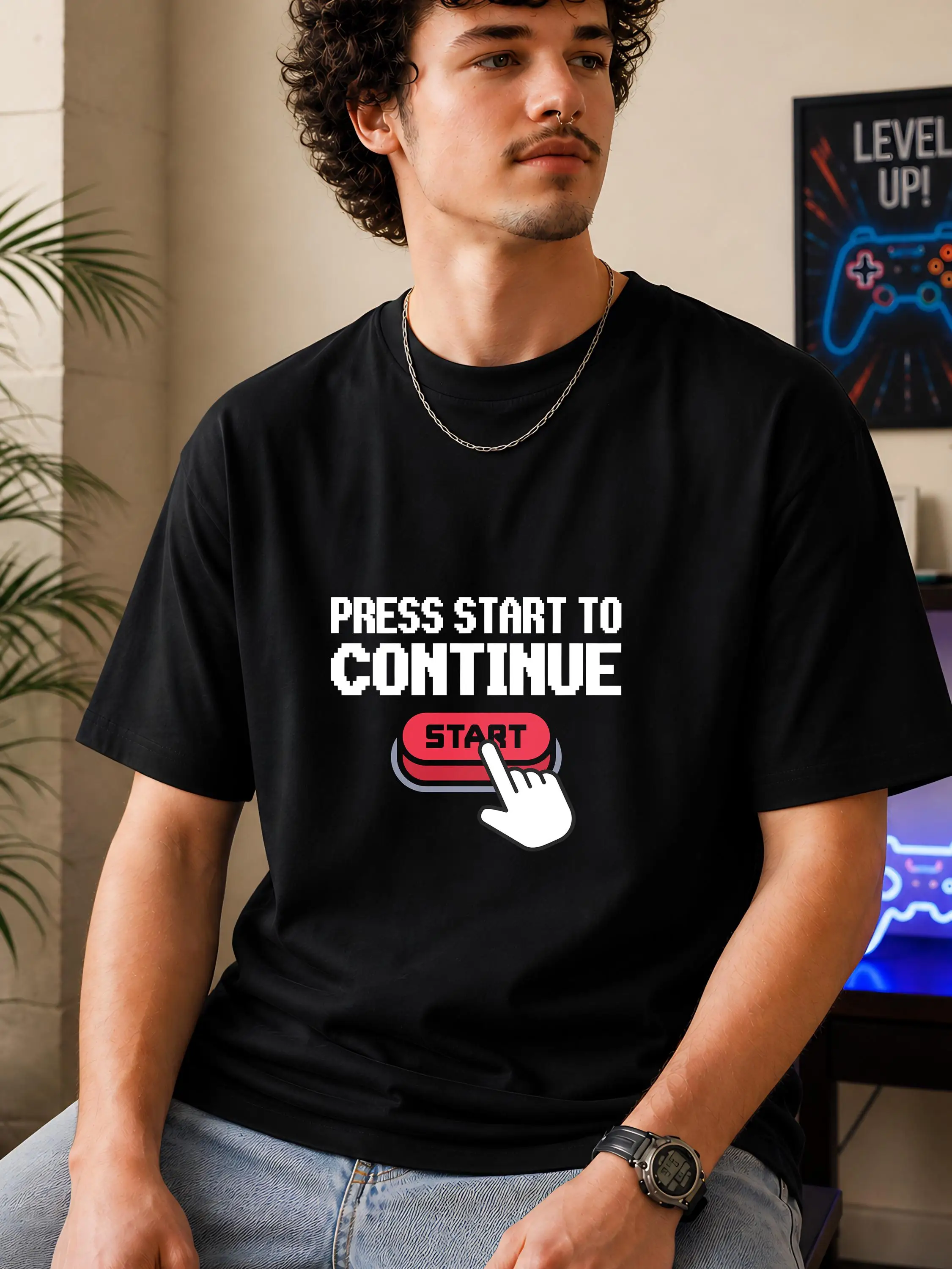 Men's T-shirts Luxury Printed Top Press Start To Continue Gamer T-Shirt | High-quality Fashionable Trendy Casual and Comfortable