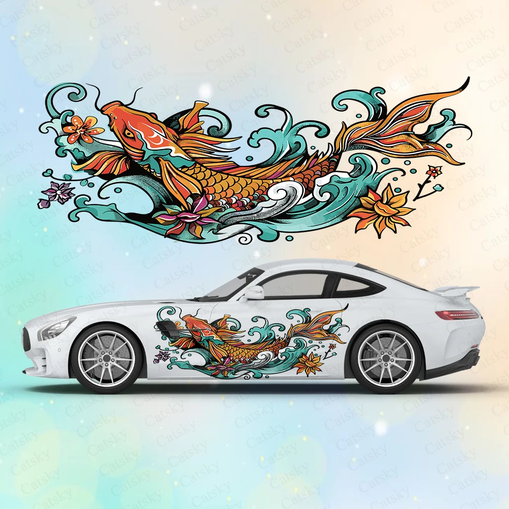 Koi Fish with Flowers Large Car Stickers and Decals Car Body Stickers Car-Side Decals Waterproof Car Vinyl Stickers