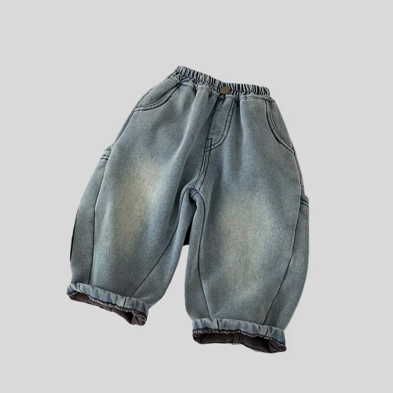 

Детские джинсы для мальчиков, винтажные прямые брюки на флисовой подкладке, зимние теплые детские джинсовые брюки