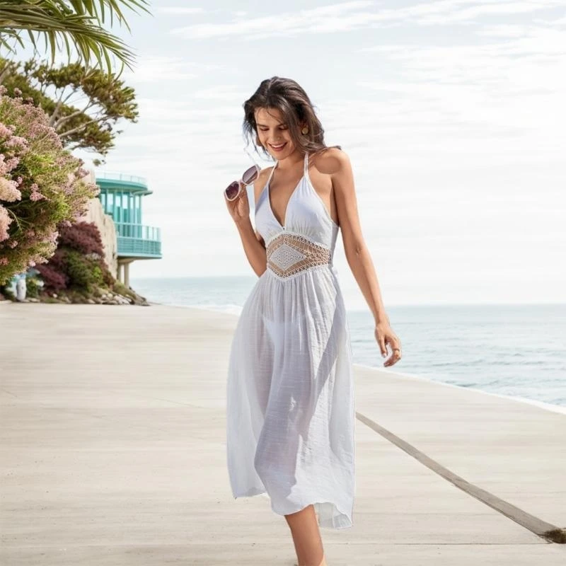 White Adjustable Tie Beach Dress Backless Travel Beachwear for Swimming Pool JOME