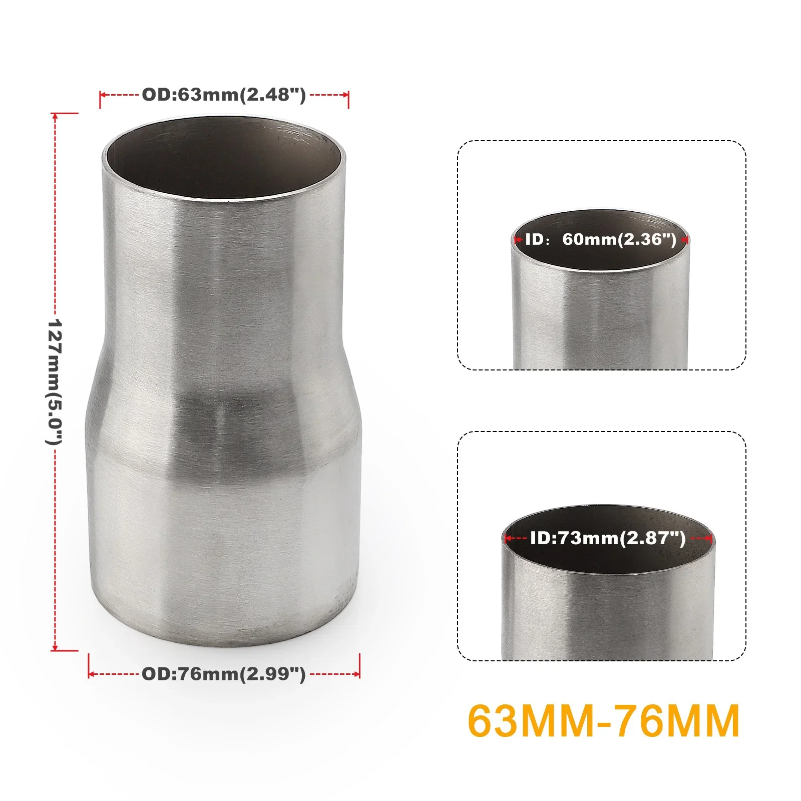 موصل عادم من الفولاذ المقاوم للصدأ ، محول 5 خطوات ، توصيل أنبوب السحب ، OD 51 way-76 way ، 57 inder-76 inder