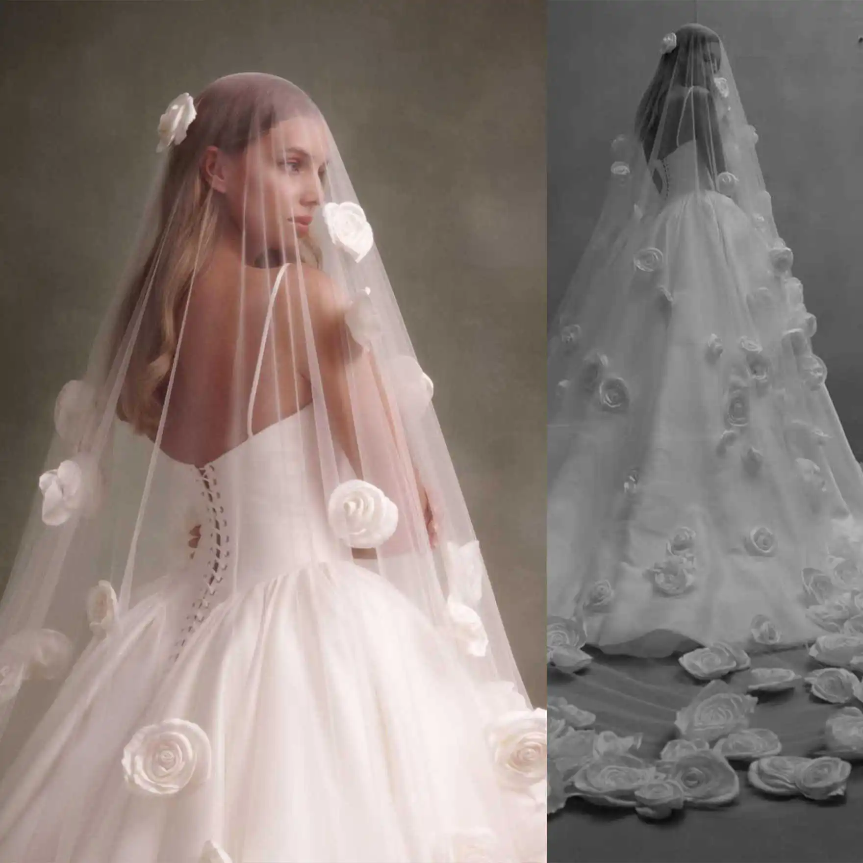 

Свадебная фата принцессы с цветами ручной работы, один слой, соборная длина, фата цвета слоновой кости, румяна velo de novia для невесты по индивидуальному заказу