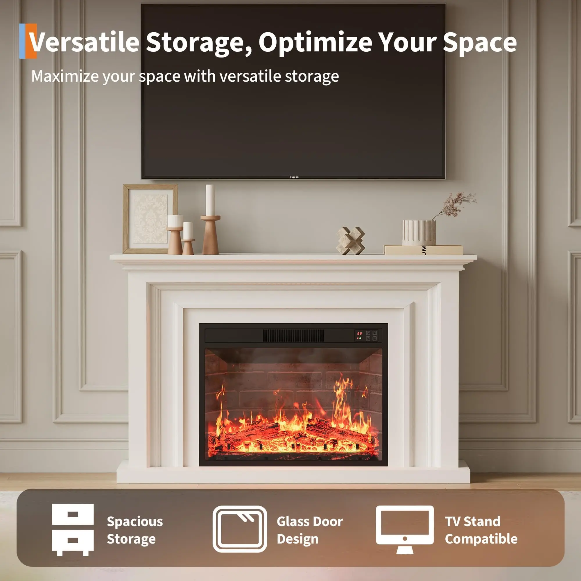 เตาผิงไฟฟ้าติดผนัง/ฝังผนัง รุ่นโมเดิร์น ขนาด 23 นิ้ว กำลังไฟ 750/1500 วัตต์ 12 สีเปลวไฟ พร้อมรีโมทคอนโทรล ปลอดภัย เงียบสงบ สำหรับใช้ภายในอาคาร