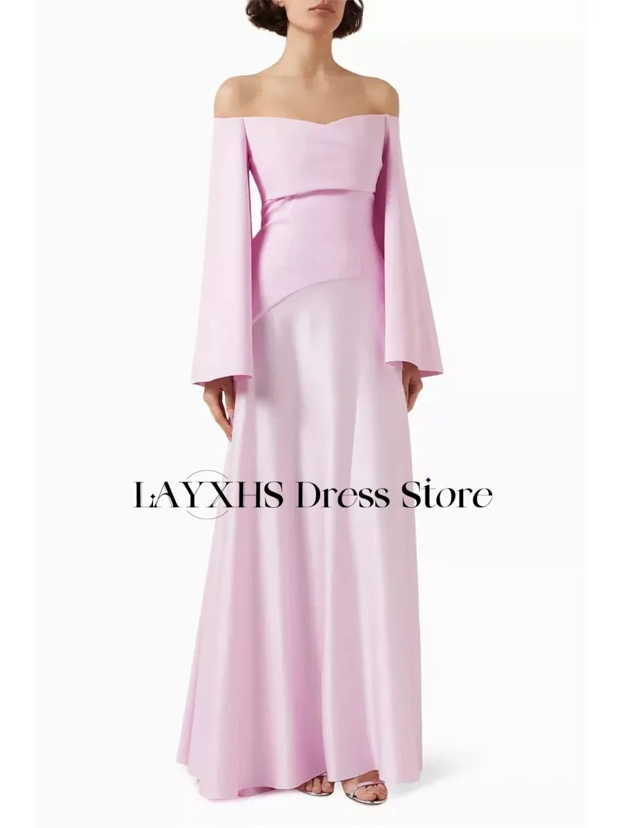 LAYXHS Schlichtes, schulterfreies Abendkleid, rosa, langärmelig, A-Linie, bodenlang, Ballkleid, maßgeschneidert