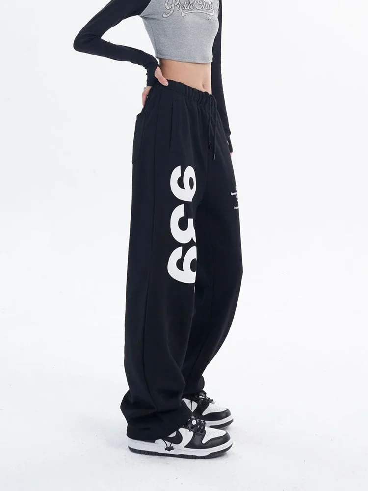 Y2K Sweatpants Women Korean Black Letter Print Wide Leg Pants Fashion Hip Hop High Waist Female Casual Trousers