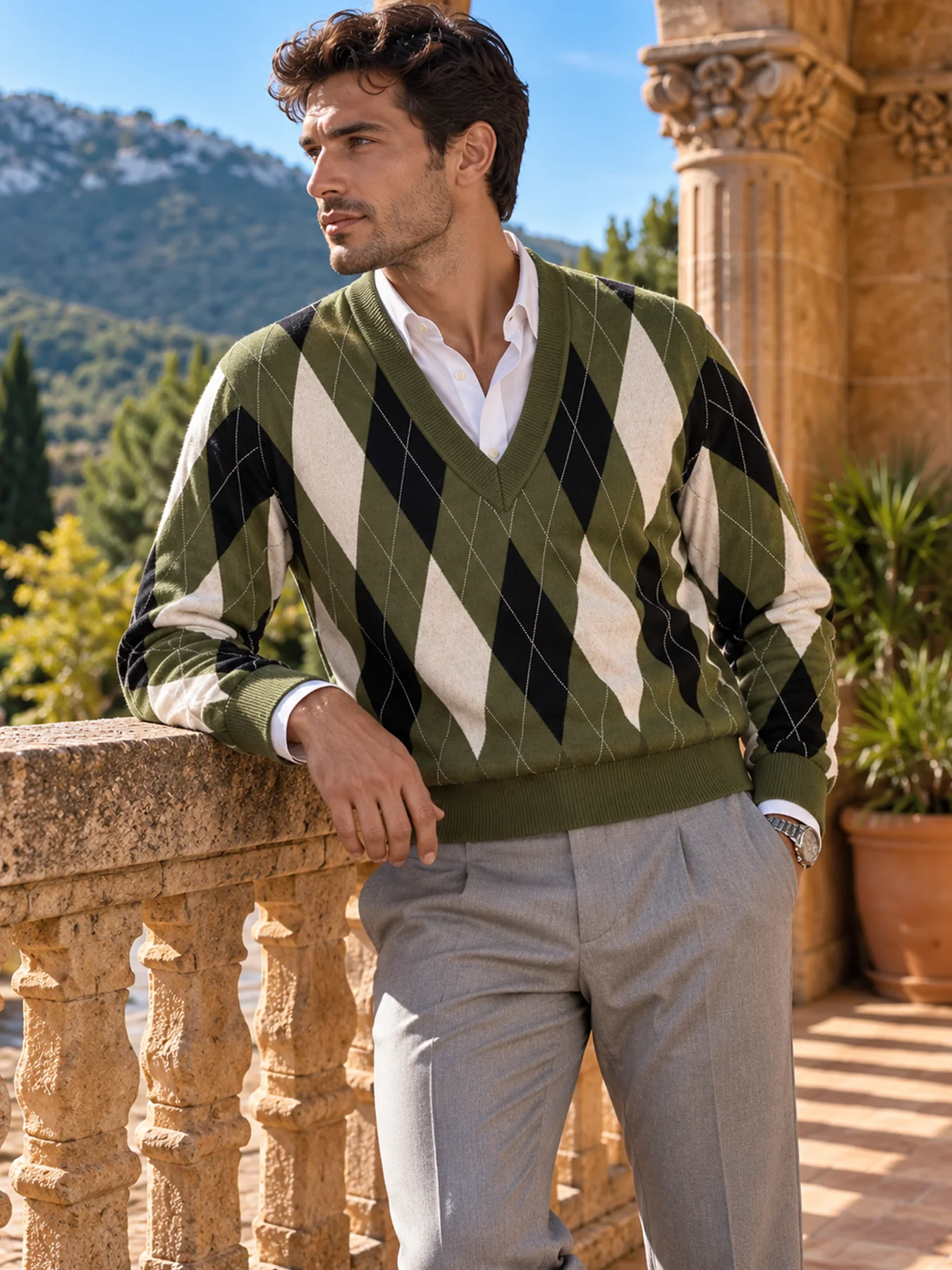Men's Argyle Knit Sweater – Deep V-Neck Long-Sleeve Pullover; a Retro-Style Casual Sweater Perfect for Autumn and Winter, Featuring a Thickened, Warm Design.