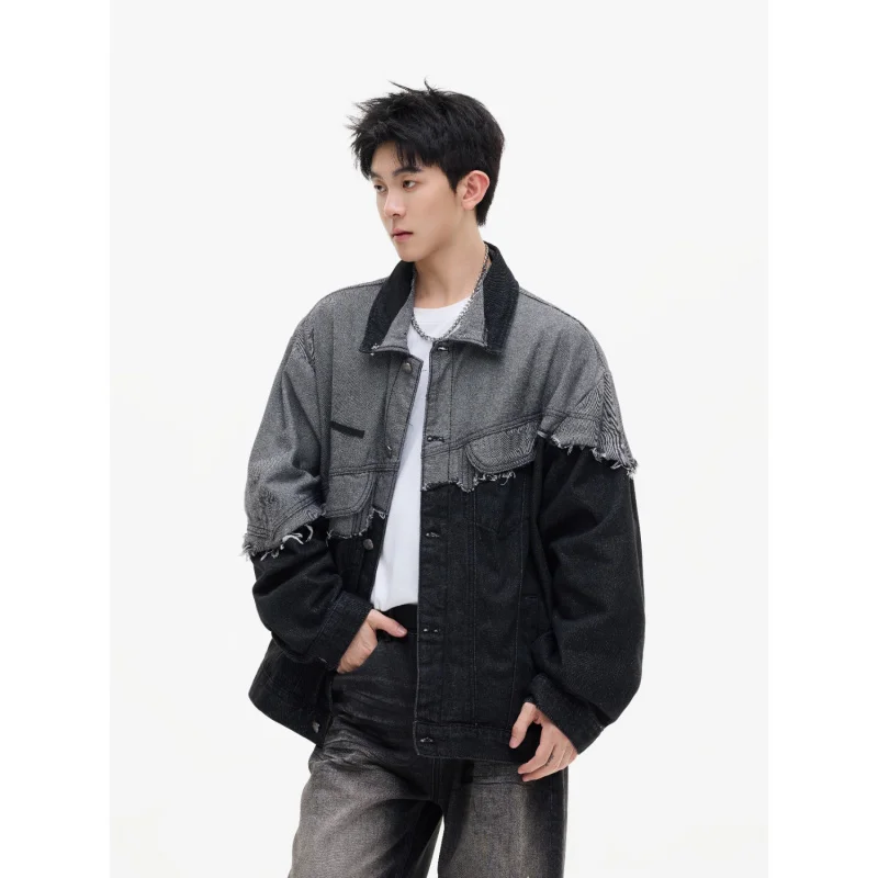 GIOIO 남성 데님 재킷, 2025 봄 가을 신상 패치워크 워싱 빈티지 루즈 캐주얼 남성 데님 재킷