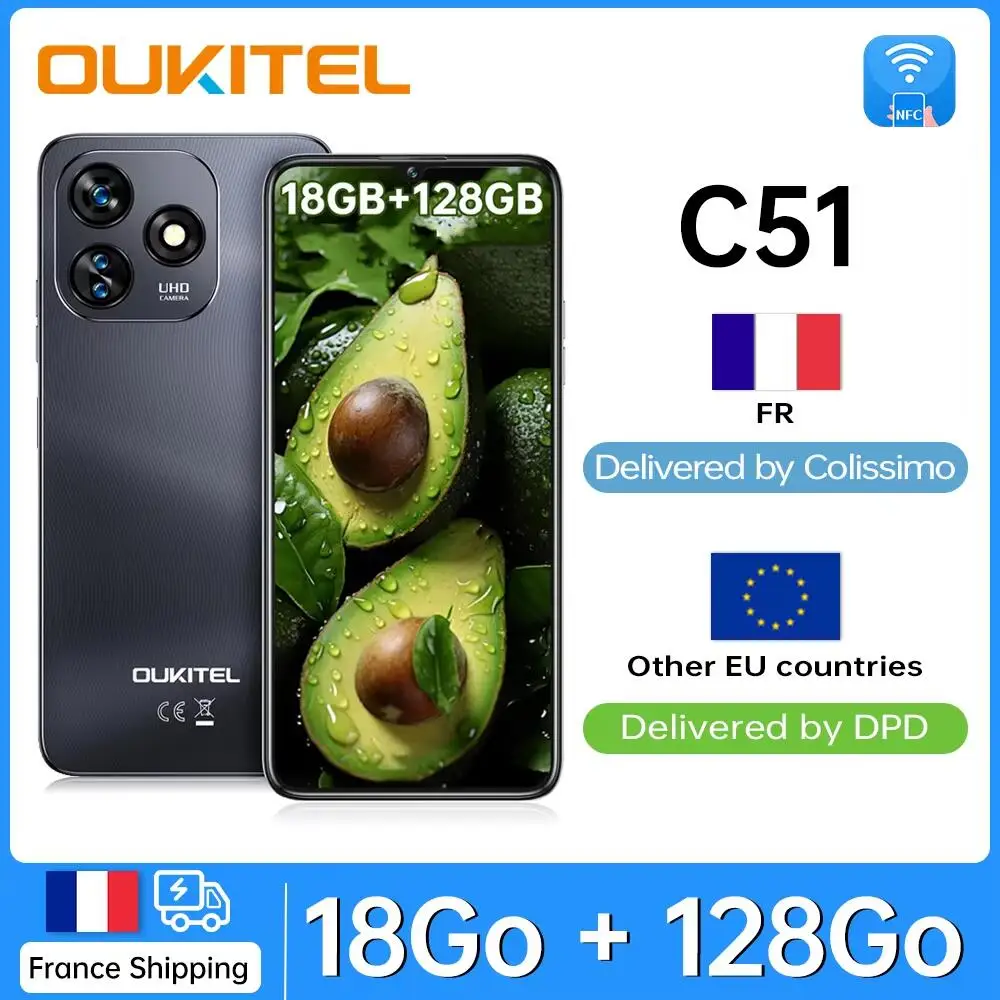 Smartphone OUKITEL C51, 18 Go (6 + 12) RAM 128 Go ROM, 5150 mAh, tlphone portable Android 13, 13 MP + 5 MP, HD + 90 Hz OTG/GPS/deux crans SIM