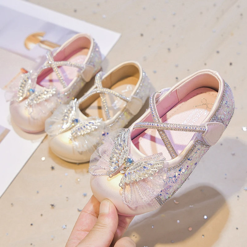 Girls Flats Princess Shoes with Lace Bow-knot Children Cross Leather Shoes for Party Wedding Kids Performance Dress Shoes