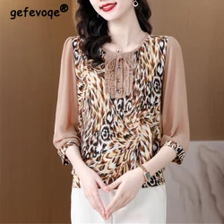 Women's Leopard Print Patchwork Elegant Blouse Summer Korean Fashion Ruffle Bow Half Sleeve Shirt Chic Loose Tops Female Blusas