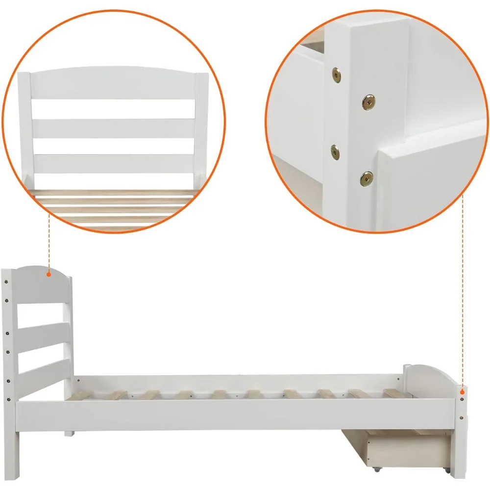 سرير Merax ذو منصة مزدوجة الحجم مع درج تخزين، وإطار سرير خشبي مع لوح أمامي ولوح للقدمين/سهل التجميع/شريحة خشبية قوية