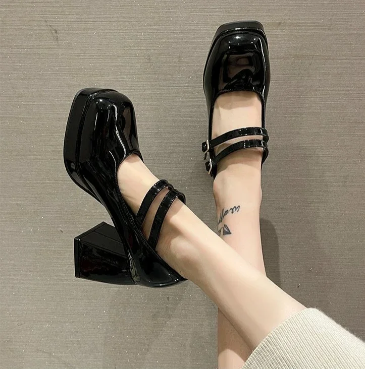 2025 New Lacquer Leather Women's Double Button Thick High Heels Women's Square Head Buckle Thick Heels Large Heels Women's Shoes - view 5
