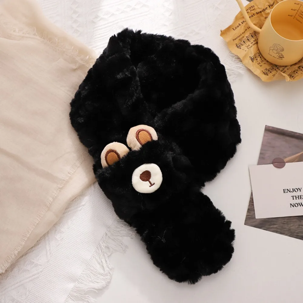 Cartoon Bear Women\'s Winter Scarf Thicken Large Cross Neck Scarf Solid Color Korean Style Cute Plush Neckerchief Girls