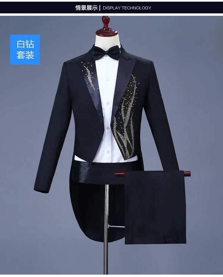 Men\'s Tail-Coat Diamond Embroidery Tuxedo Tailcoat Slim Fit Dress Suit Men Party Wedding Dinner Jacket