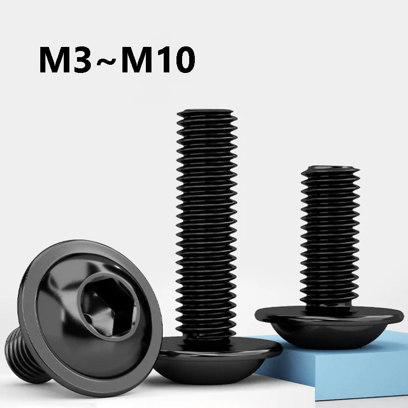 10~100Pcs 304 Stainless Steel Black Flange Button Head Allen Screw M3 M4 M5 M6 M8 M10 with Washer Collar Inner Hex Socket Bolts