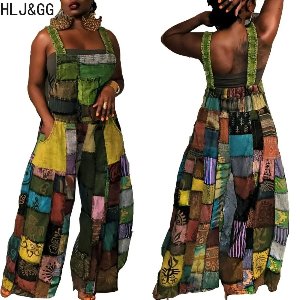 

HLJ&GG Fashion Bohemian Paisley Printing Loose Strap Jumpsuits Women Sleeveless Backless Wide Leg Pants Playsuits Casual Overall