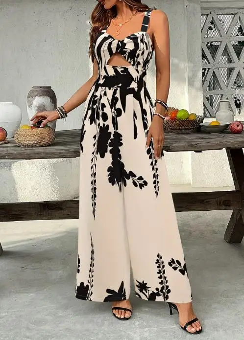 

Ethnic Style Printed Drawstring Waist Jumpsuit with Twisted Design, Casual Vacation Style Women's Jumpsuit