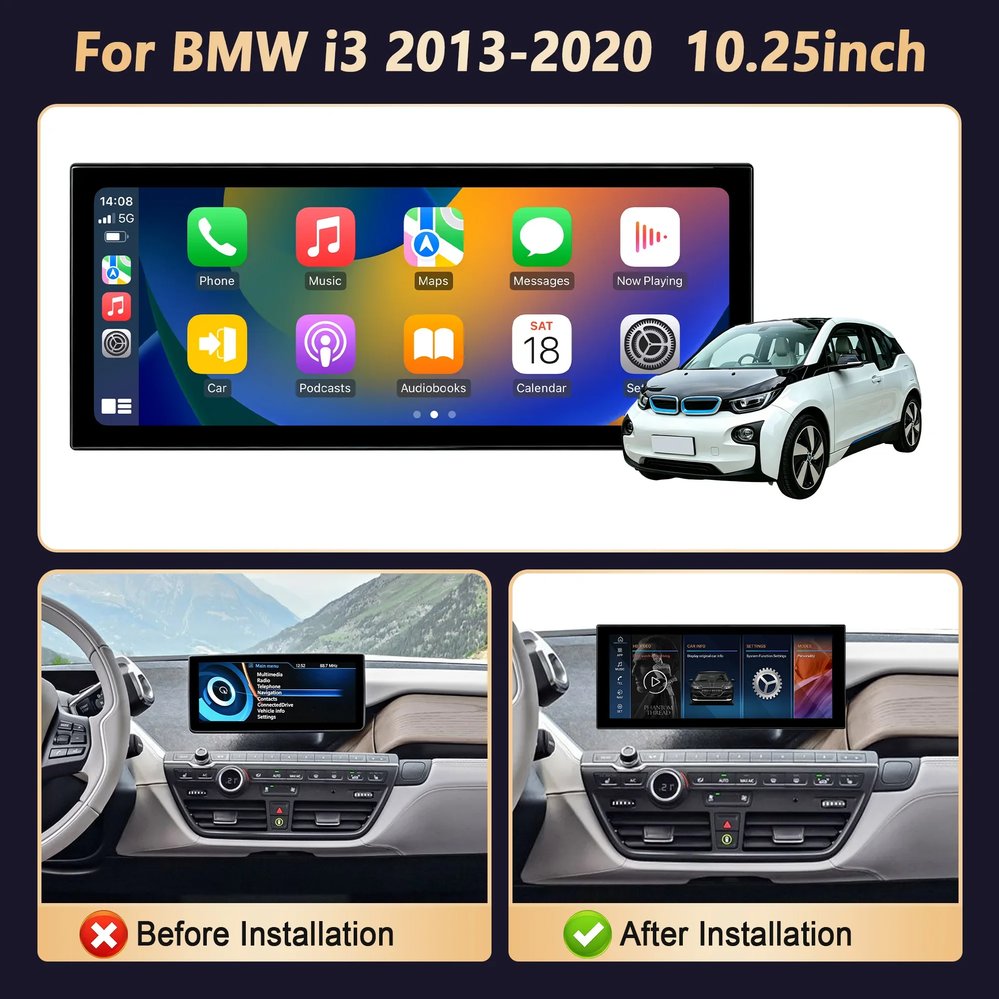 10.25 inch Android 14 For BMW i3 NBT EVO System 2013-2020 Car Radio Wireless BT Carplay Snapdragon 680 Touch Screen