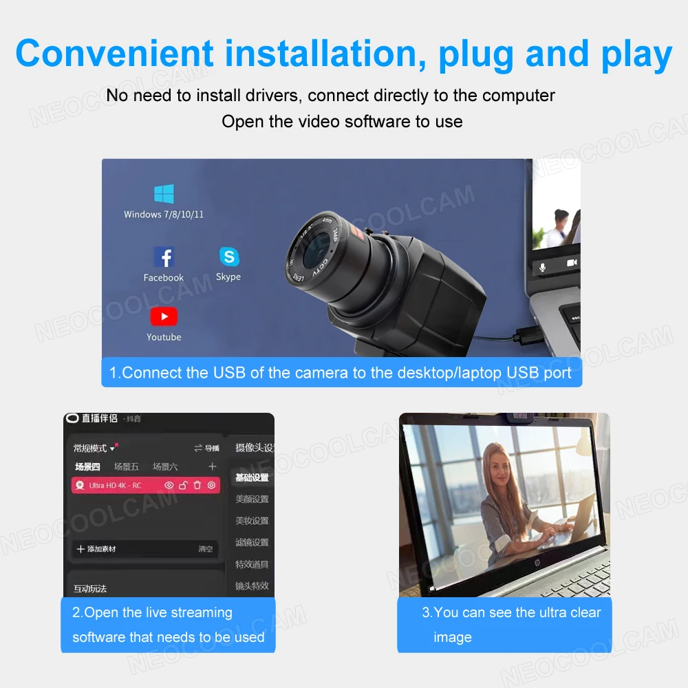 Imagem -06 - Neocoolcam-usb Mini Box Webcam Câmera ao Vivo com Lente cs hd Uvc Otg Plug And Play 4k Imx415 5mp Imx335 2k Fh8852 Lente de mm