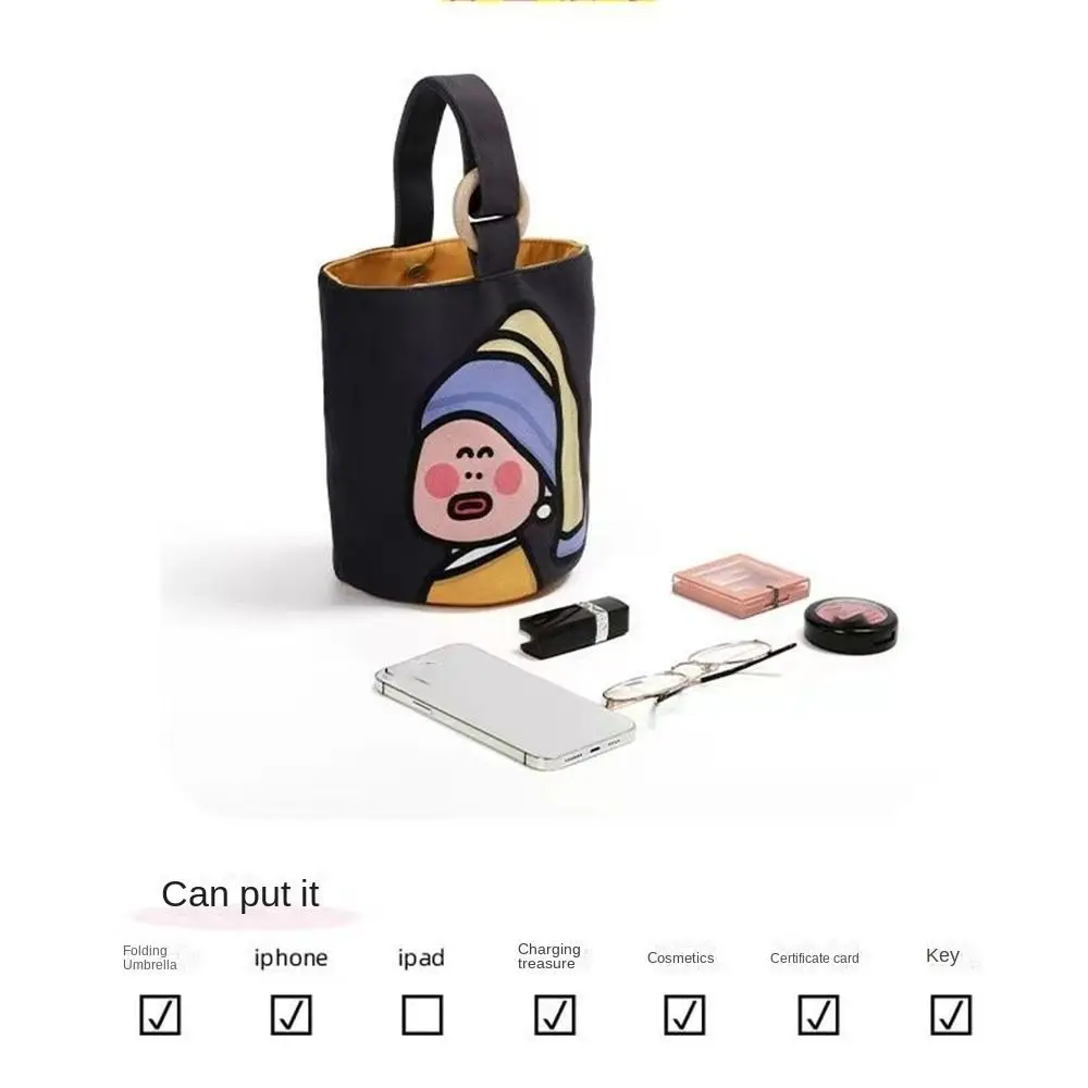 Women Handbag Lovely Cartoon Bucket Bags Portable Cylinder Bag Canva Tote Pouch Students Carry Lunch Bags for Girls