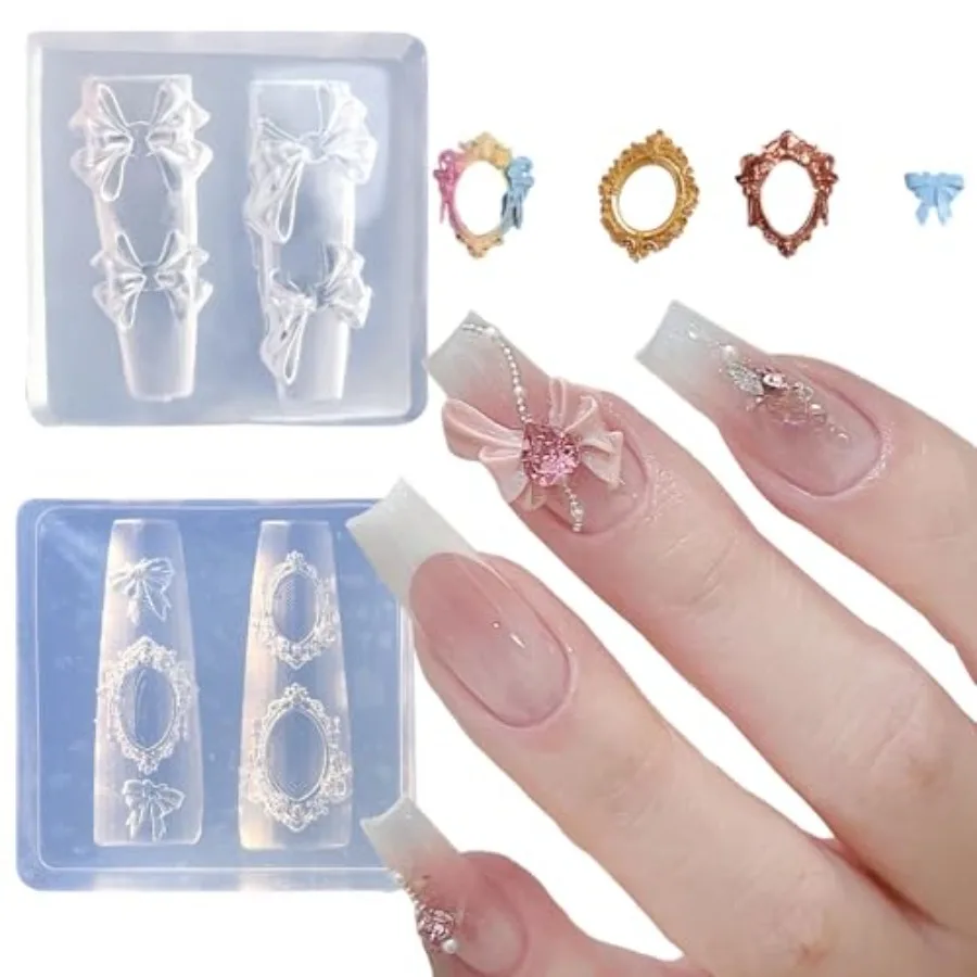 

2PCS 3D Silicone Nail Art Molds Bow and Frame Design for DIY Nail Decorations Clear Resin Carving Templates with Ribbon Bowknot