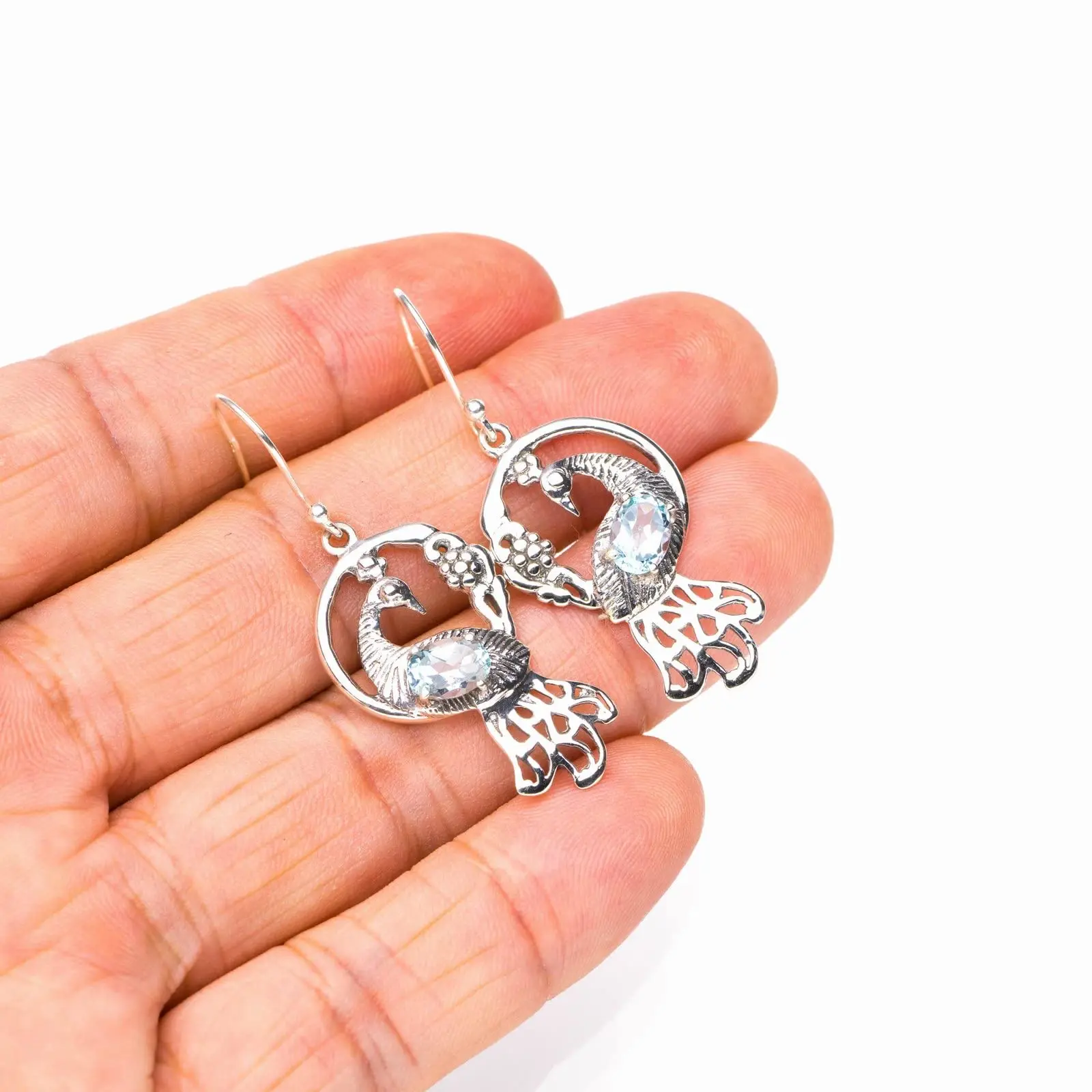 

StarGems® Natural Blue Topaz Peacock Handmade 925 Sterling Silver Earrings 1.75" E6178