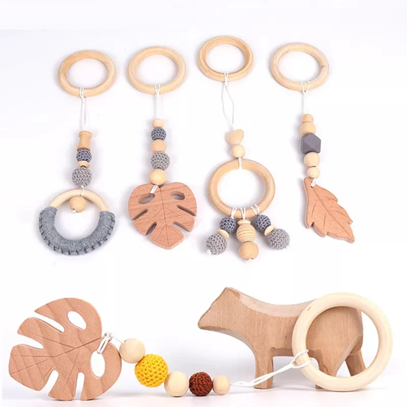 4pcs/Set Baby Wooden Teether Toys Toddle Safe Animal Teething Ring Baby Teething Product Nursing Accessories For Pacifier Chain