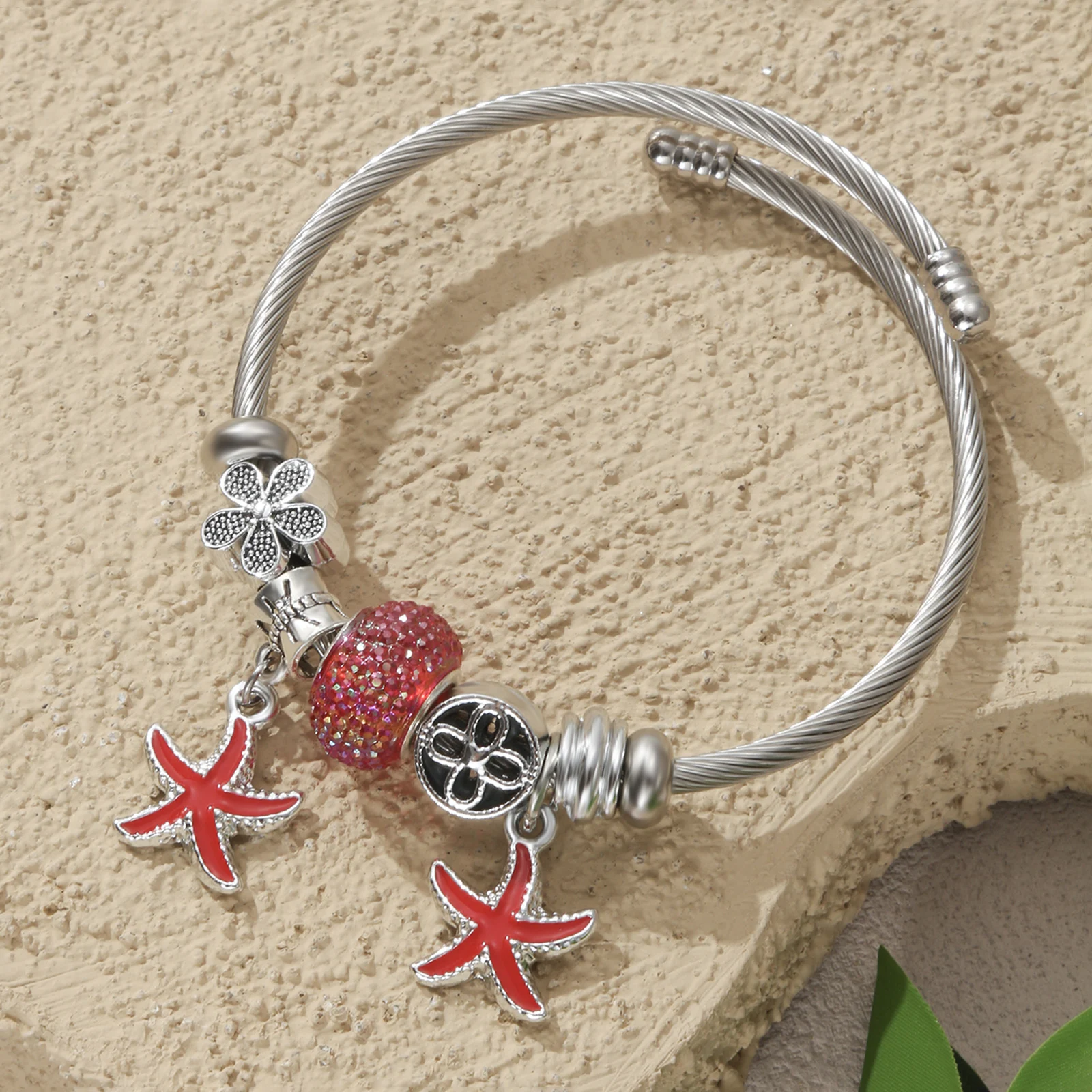 

Silver Tone Ocean Theme Charm Bangle with Red Starfish Pendant for Women
