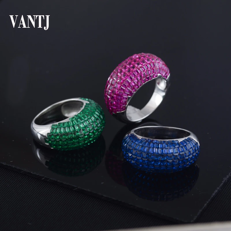 VANTJ 100% 925 Silver Ring Sterling Created Ruby Sapphire Emerald Spinel for Women Party Birthday Borderless Inlain Jewelry Gift