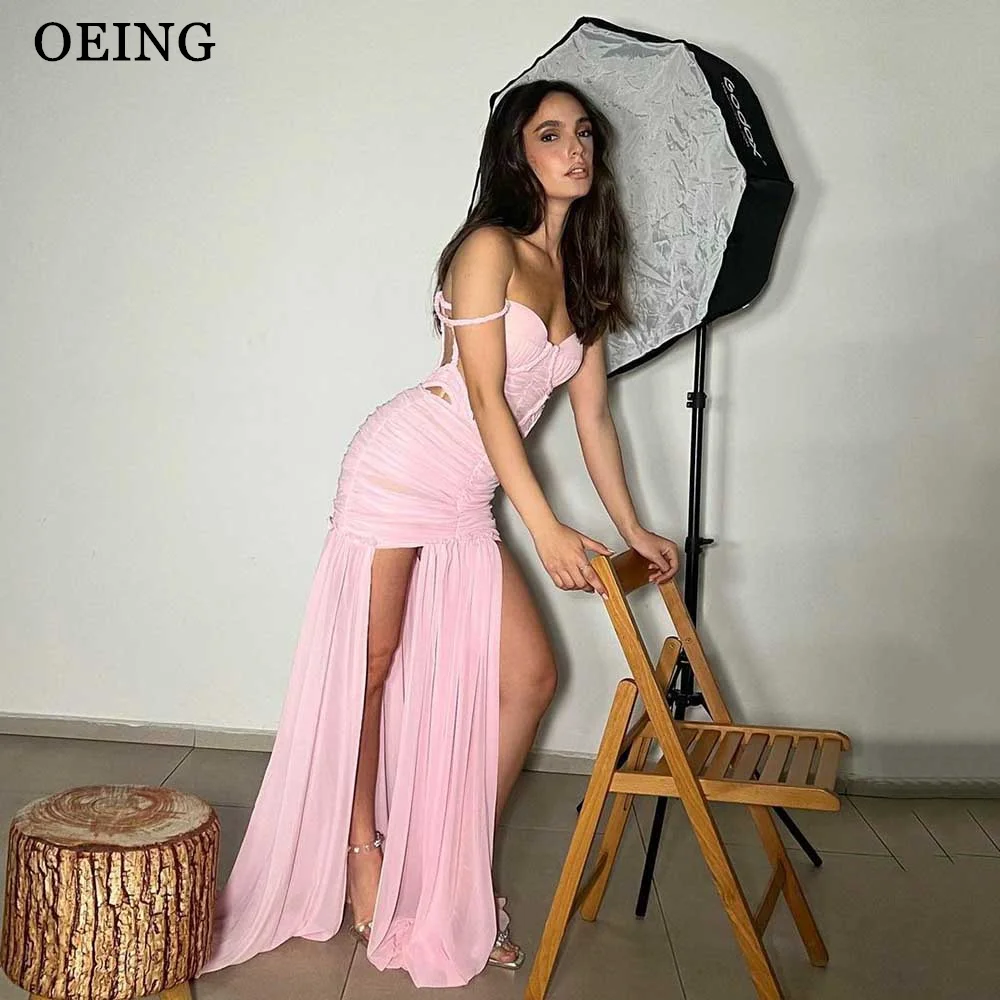 

OEING Sexy Baby Pink Women Evening Dresses Sweetheart Chiffon Side Split Prom Gowns Simple Beach Event Party Dress Summer