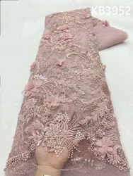 Tela de encaje con cuentas doradas champán, tela de encaje africano verde menta de alta calidad 2024, tela de encaje con cuentas de boda para coser, KB3952